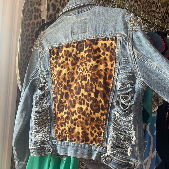 Handmade Custom Levi’s Denim Jacket. Destroyed with huge leopard patch. Med.